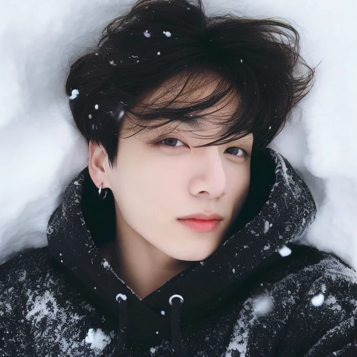 Jungkook is lying in bed, olhos grandes da cor azul claro
