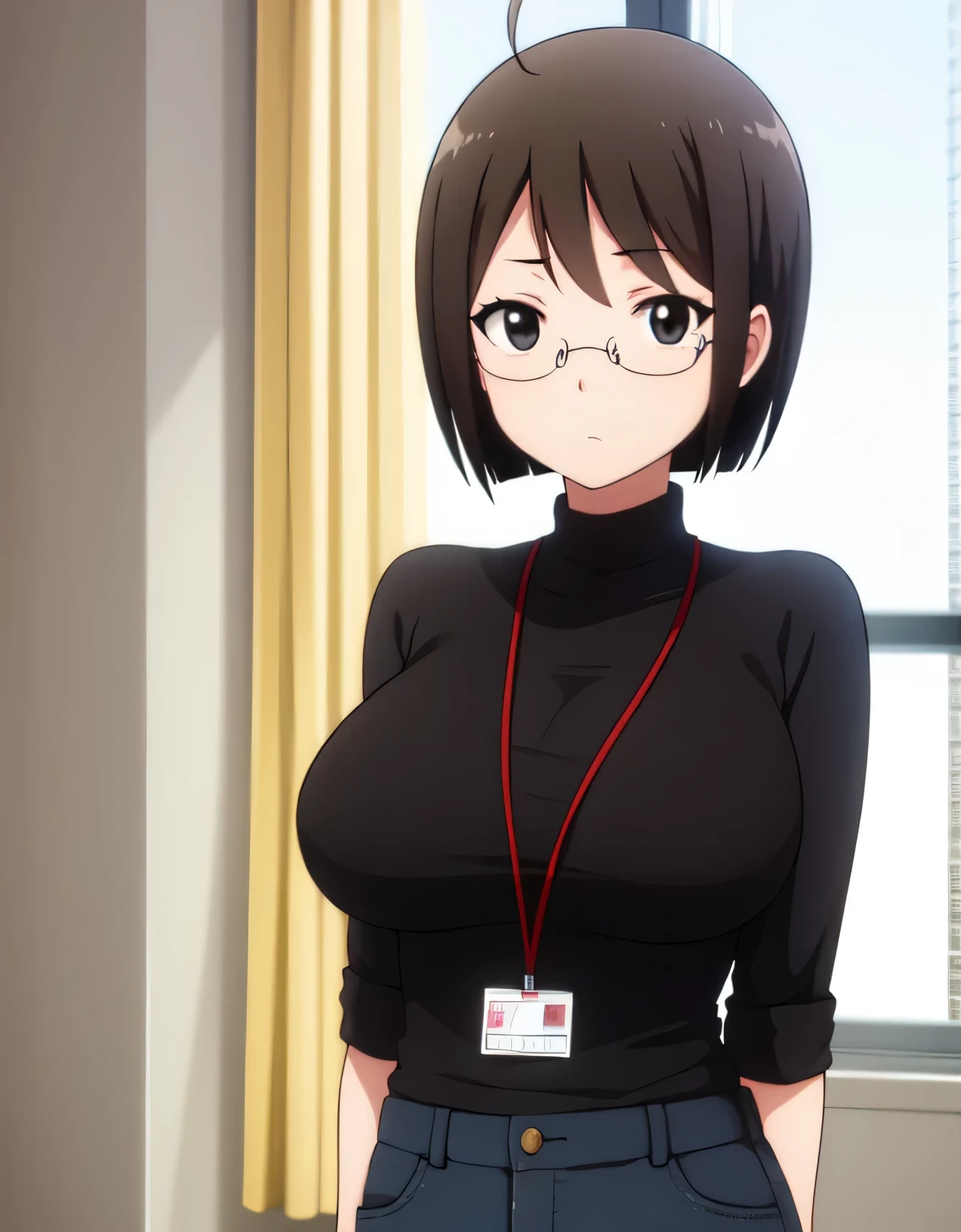 Lucy Yamagami, short hair, black hair, (black eye:1.5), Ahoge, Glasses,pants, sweater, turtleneck, ID card, strap,Expressionless,(big breasts:1.5),looking at the viewer,Are standing,((masterpiece)),((highest quality)),perfect anatomy,8K UHD,highly detailed face,luster and luster,((1 girl)),((alone)),(beautiful and fine eyes:1.5),perfect image,(Upper body:1.1),(look ahead:1.1),turn your arms behind your back,slim waist,shiny hair,office room,