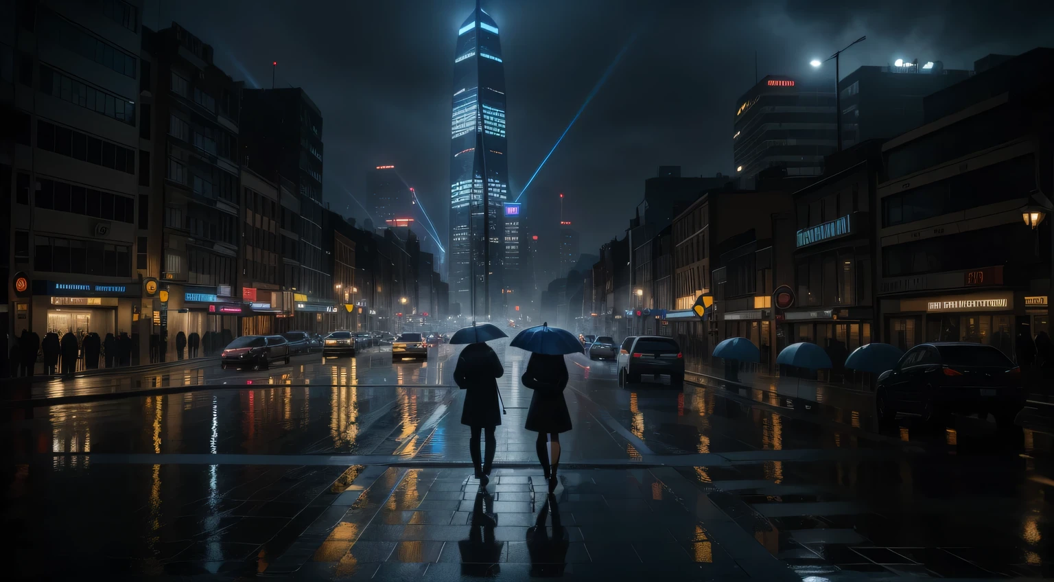 (high quality), (best quality), (realistic), (cinematic lights), (atmospheric sight), (perfect eyes), (sharp face), (blue lights), (volumetric mist), (rain), (waterreflections), (perfect legs), In the background there is a big skyline with skyscraper, in the foreground are people withe umbrellas, they cross the road at the trafficlight, the view is right of the street, 50mm, 8k UHD, (HDR)