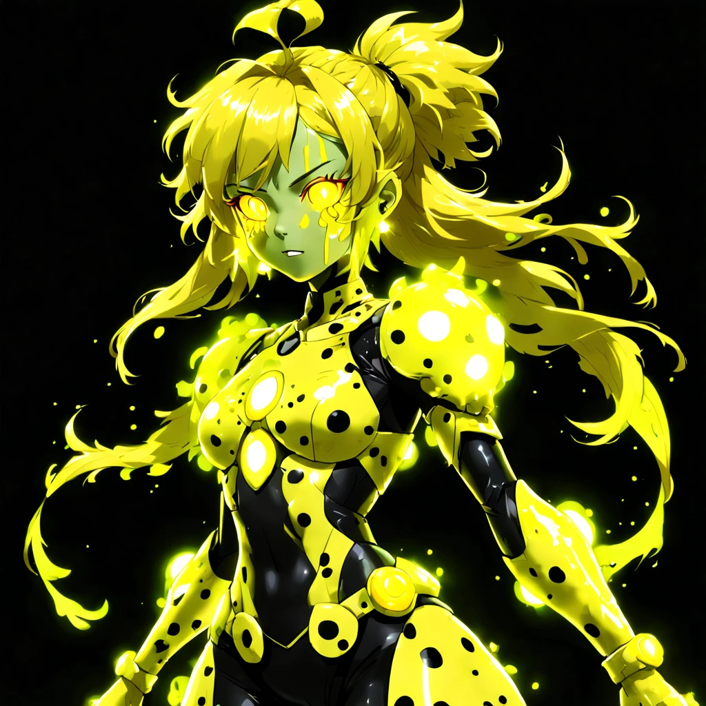 Plasma Anime Girl with yellow skin covered in glowing neon-yellow spots and frizzy yellow hair wearing a battle-dress made out of a Plasma yellow with neon yellow spots, background glowing dark