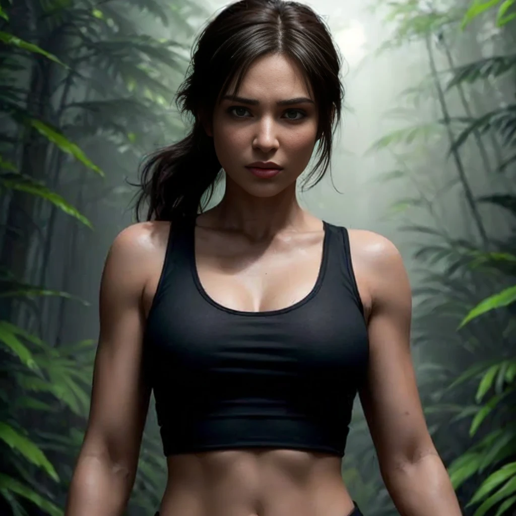 (best quality,8k,ultra-detailed,realistic:1.37),Lara Croft,(perfectly symmetrical,perfect symmetry)(detailed face,detailed facial features,detailed eyes,detailed nose,detailed lips),(perfect body,perfectly shaped body,athletic body),(beautiful woman,gorgeous lady),(ultra-realistic texture),(angry expression,angry look)