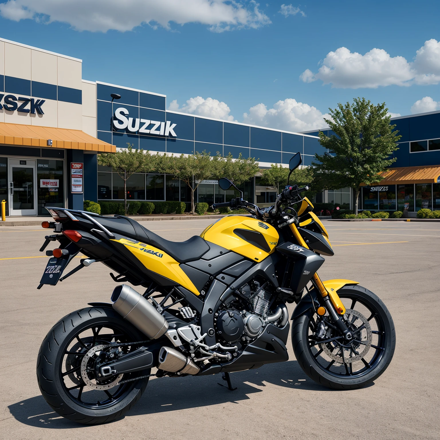 Realistic photo of underbone motorbike, Suzuki Smash, 150 cc engine with the logo text "SUZUKI" , manual transmission, sporty looks , aerodynamic design , the colors are black with gold accent. Parked in front of the grocery store. Digital photo. Ultra detailed. Accurate details. You must refer to the authentic Suzuki Smash 135 photo. Make it as real as possible