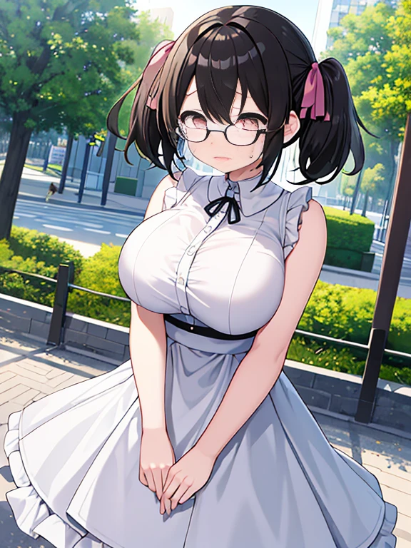 very detailed、masterpiece、high quality、one high school girl、、Loli、White d,black short hair, (pink eyes),(glasses), change,twin tails,sassy change,cheey change,girl,天才girl、(big breast):1.1,(blush):1.1、crying face,tears,Daytime park background
