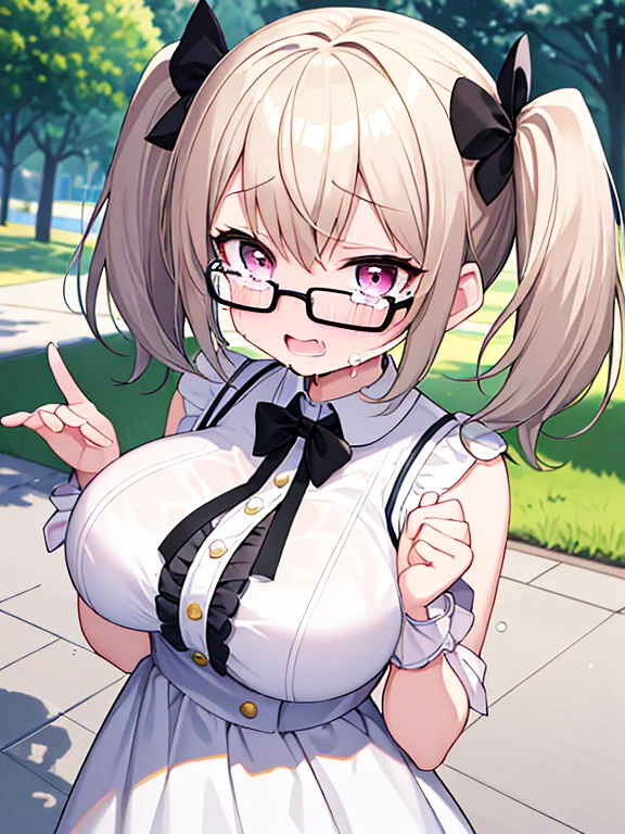 very detailed、masterpiece、high quality、one high school girl、、Loli、White dress,black short hair, (pink eyes),(glasses), change,twin tails,sassy change，cheey change,girl,天才girl、(big breast):1.1,(blush):1.1、crying face,tears,Daytime park background