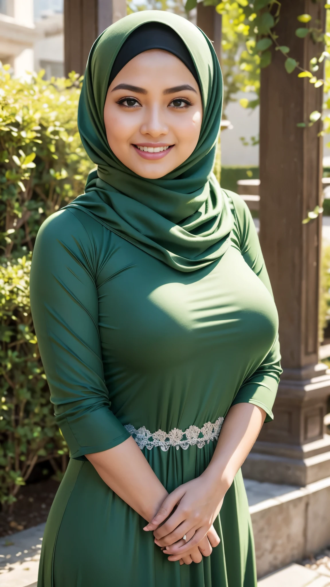 ( Close Up),RAW, Best quality, high resolution, masterpiece: 1.3), beautiful Malay woman in hijab,Masterpiece, perfect fit body, big breast,big gorgeous eyes, Soft smile,beutiful face,thick thighs, close up of a woman in a green dress and a green scarf, puff sleeves, hijab, cropped wide sleeve, motif, wearing a cute top, garis edelweiss, ivy vine leaf and flower top, detached sleeves, voluminous sleeves up, facial details, double eyelids, smiling),(sweet smile:1.1), (Delicate turtleneck) , shairband, afternoon walk, City garden, Excellent lighting, Bright colors, Clean lines,