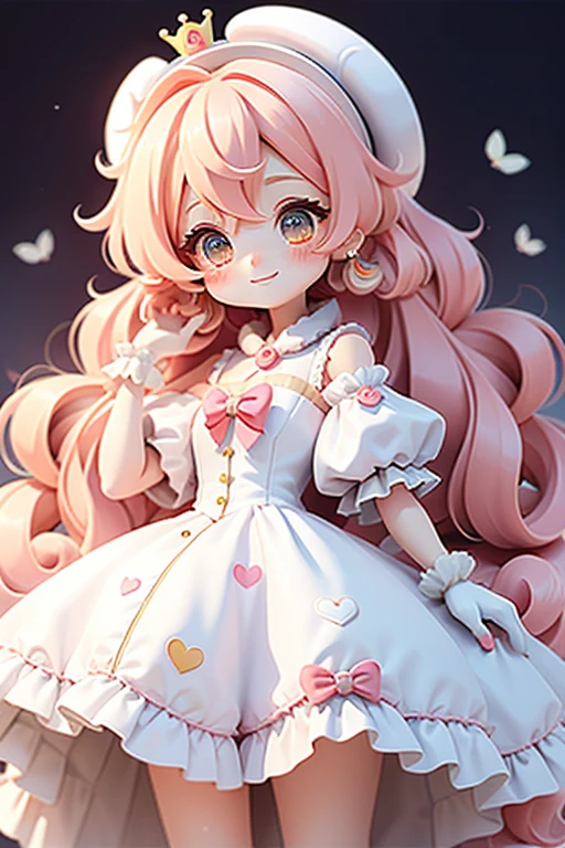 loli anime girls(Princess Peach), wearing white gloves, colorful dress, cute happy smiling face, blush, cute bighorn, Cute Wuoo Face, Long and colorful hair, With feather design, Party spray pain background, Colorful Paint Dresses, mixed hair, was taken, modern accessories , Delicate and detailed eyes, Delicate and detailed smile, milky, Pelorescent, holographic, dark background