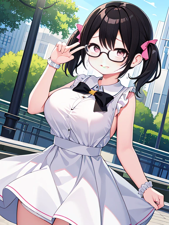 very detailed、masterpiece、high quality、one high school girl、10 years old、Loli、White dress,black short hair, (pink eyes),(glasses), change,twin tails,sassy change，cheey change,girl,天才girl、(big breast):1.1,(blush):1.1、crying face,tears,Daytime park background