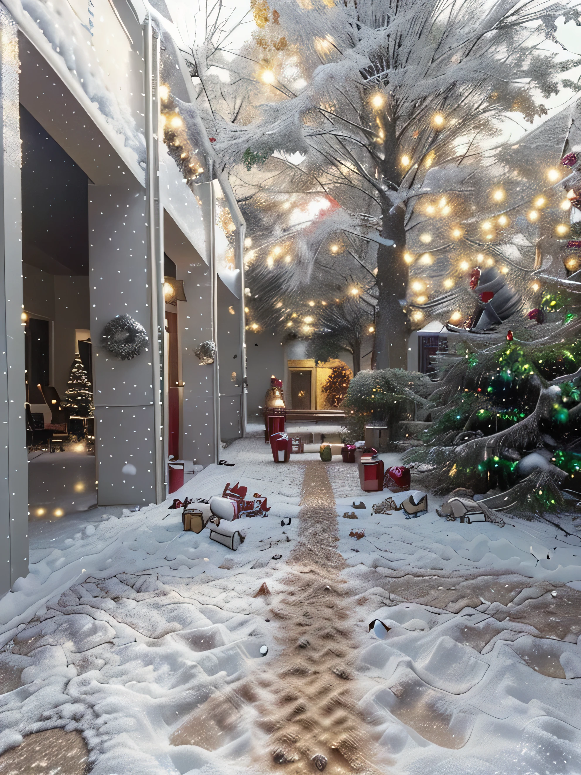 convert this image into Christmas theme , add presents on the floor , lights on the trees, and very little snow on floor, add presents