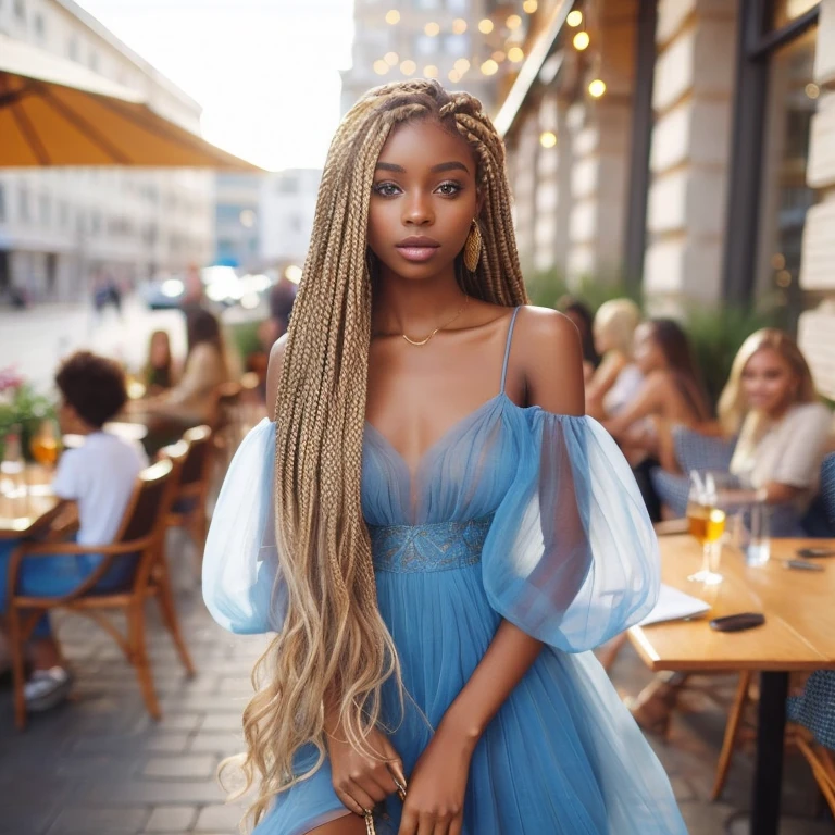 brown skin girl with long blonde braids and blue chiffon dress and gold heels outside a restaurant