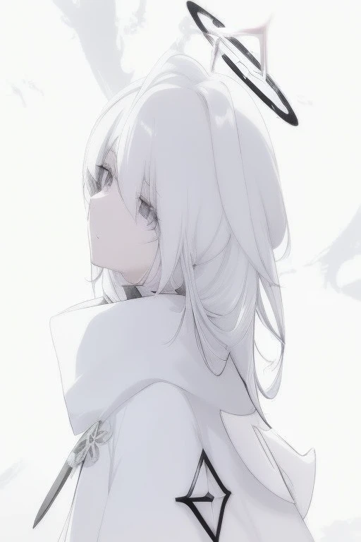 Anime girl with angel wings and a halo on her head, white monochrome color!!!!!, white-haired deity, holy halo, ( ( ( Yoshinari yo ) ) ), shigenori soejima illustration, From Arknights, Anime aesthetics, Gouvez, clean detailed anime style, angelic halo, [[[[grinning evilly]]]]