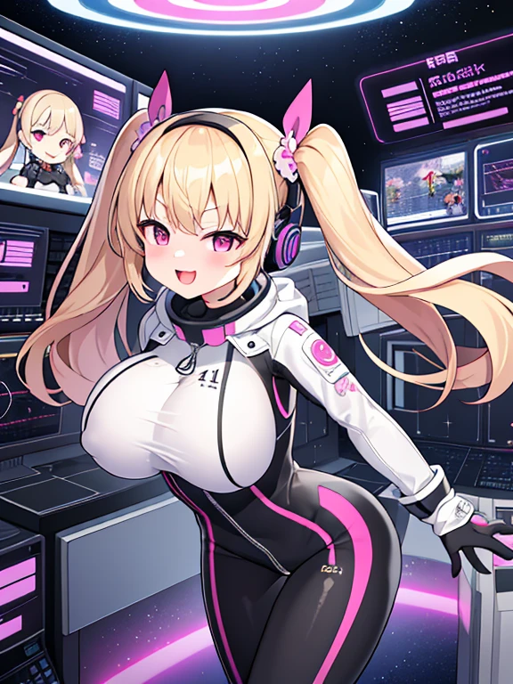 very detailed、masterpiece、high quality、one high school girl、、Loli、(white pink space suit)、front zipper、(Futuristic, Tight Fit Bodysuit)、headphone、Cyberpunk space station interior background、(blonde),ロングtwin tails, (pink eyes), change,twin tails,sassy change,cheey change,mesugaki,girl,天才girl、(big breast):1.1,(blush):1.1、