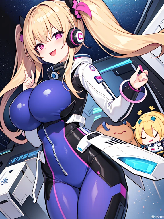 very detailed、masterpiece、high quality、one high school girl、、Loli、(white pink space suit)、front zipper、(Futuristic, Tight Fit Bodysuit)、headphone、Cyberpunk space station interior background、(blonde),ロングtwin tails, (pink eyes), change,twin tails,sassy change,cheey change,mesugaki,girl,天才girl、(big breast):1.1,(blush):1.1、