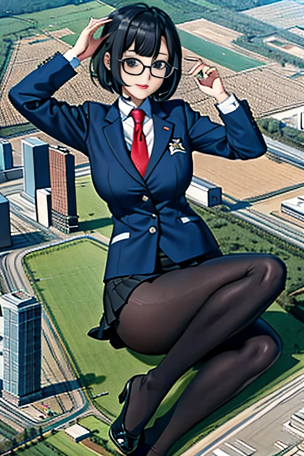 Giant娘 art, surreal high school girl, 非常に詳細なGiantショット, Giant, short hair, a huge high school girl、&#39;It&#39;s much bigger than a skyscraper, wearing rimless glasses, big breasts, big ass, navy blue blazer, red tie, mini length skirt, black pantyhose, Don't wear shoes., miniature metropolis, attacked by very small fighter jets, ＧＴＳ, giga Giant娘, Giant娘, crash lighter jet, small light jet aircraft, microreuter jet, large propeller airplane,