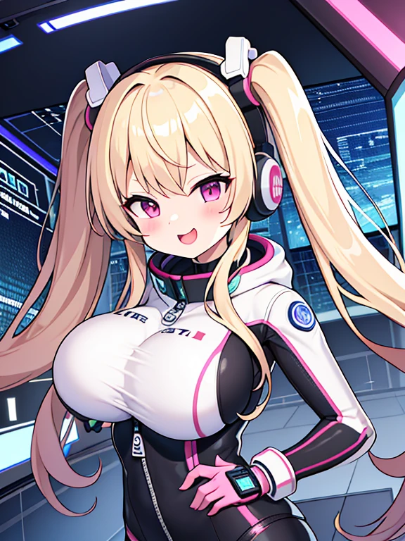 very detailed、masterpiece、high quality、one high school girl、、Loli、(white pink space suit)、front zipper、(Futuristic, Tight Fit Bodysuit)、headphone、Cyberpunk space station interior background、(blonde),ロングtwin tails, (pink eyes), change,twin tails,sassy change,cheey change,mesugaki,girl,天才girl、(big breast):1.1,(blush):1.1、