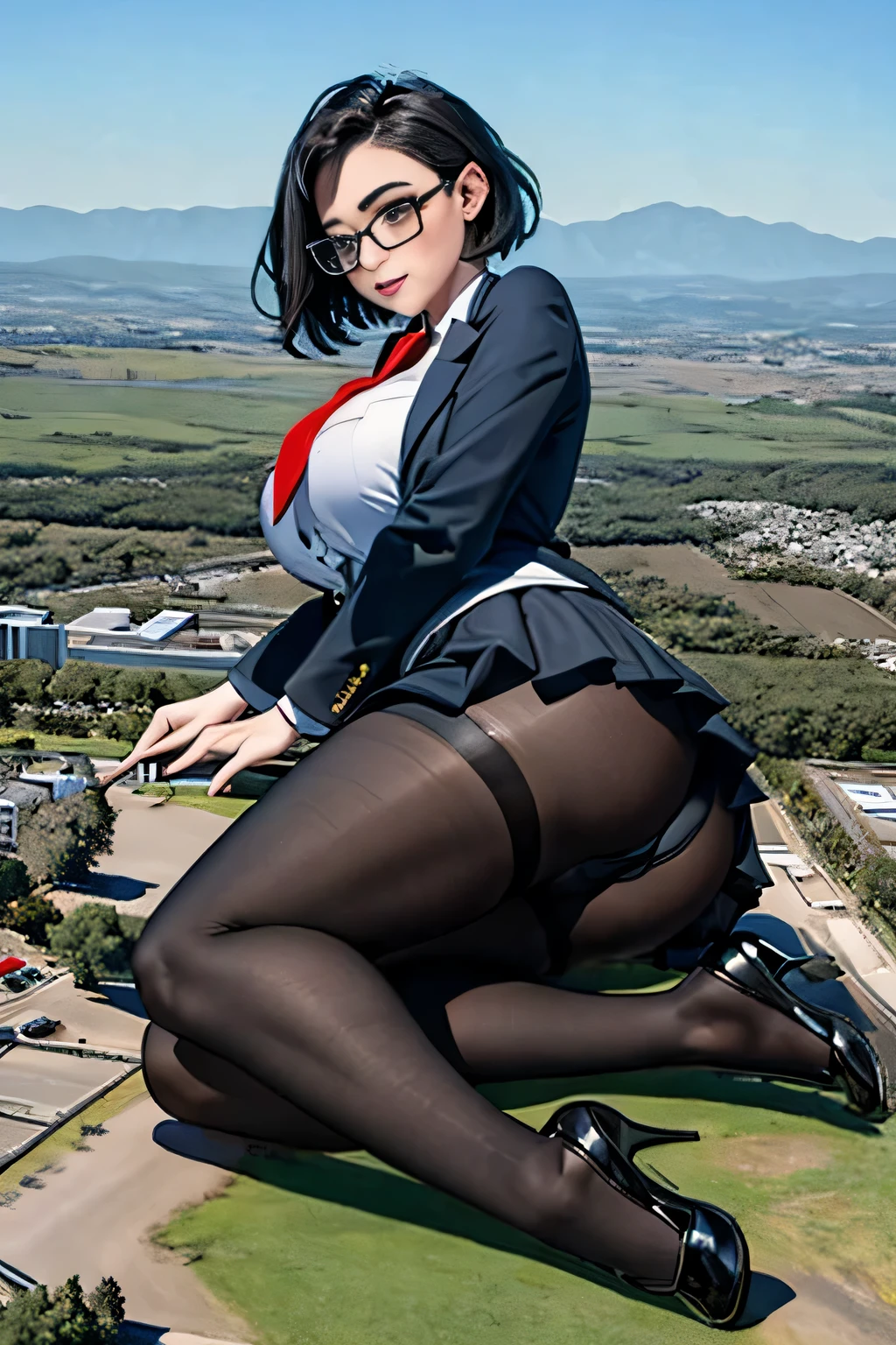 Giant娘 art, surreal high school girl, 非常に詳細なGiantショット, Giant, short hair, a huge high school girl、'It's much bigger than a skyscraper, wearing rimless glasses, big breasts, big ass, navy blue blazer, red tie, mini length skirt, black pantyhose, Don't wear shoes., miniature metropolis, attacked by very small fighter jets, GTS, giga Giant娘, Giant娘, crash lighter jet, small light jet aircraft, microreuter jet, large propeller airplane,