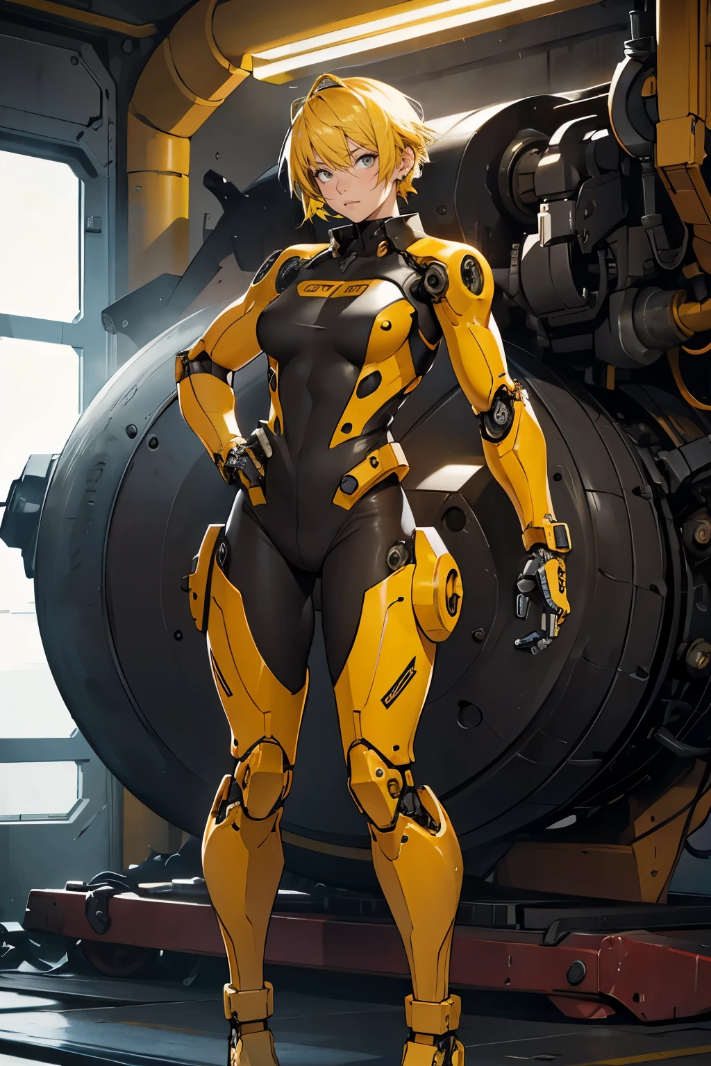 1 girl, plugsuit, ((mechanical arms)), short yellow hair, muscular body, fullbody shot