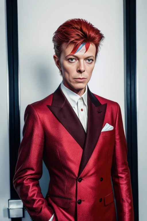 david bowie, color suit red, portrait of david bowie