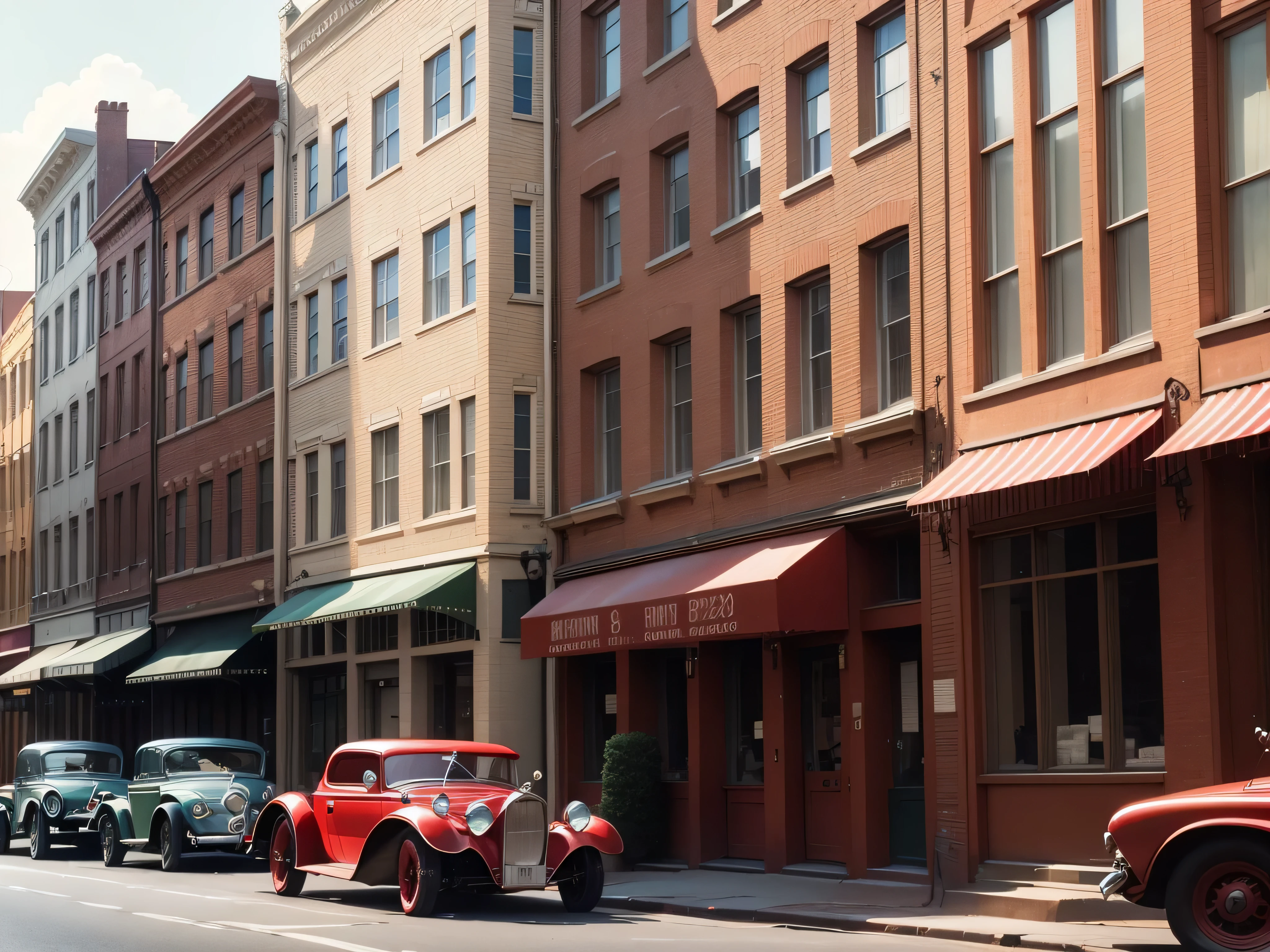 there a red car driving down the street in front of a building, colorized, restored color, 1 9 3 1, 1929, 1930, 1 9 3 0, 1 9 2 8, color footage, 1932, 1 9 3 2, 1920s gaudy color, 1934