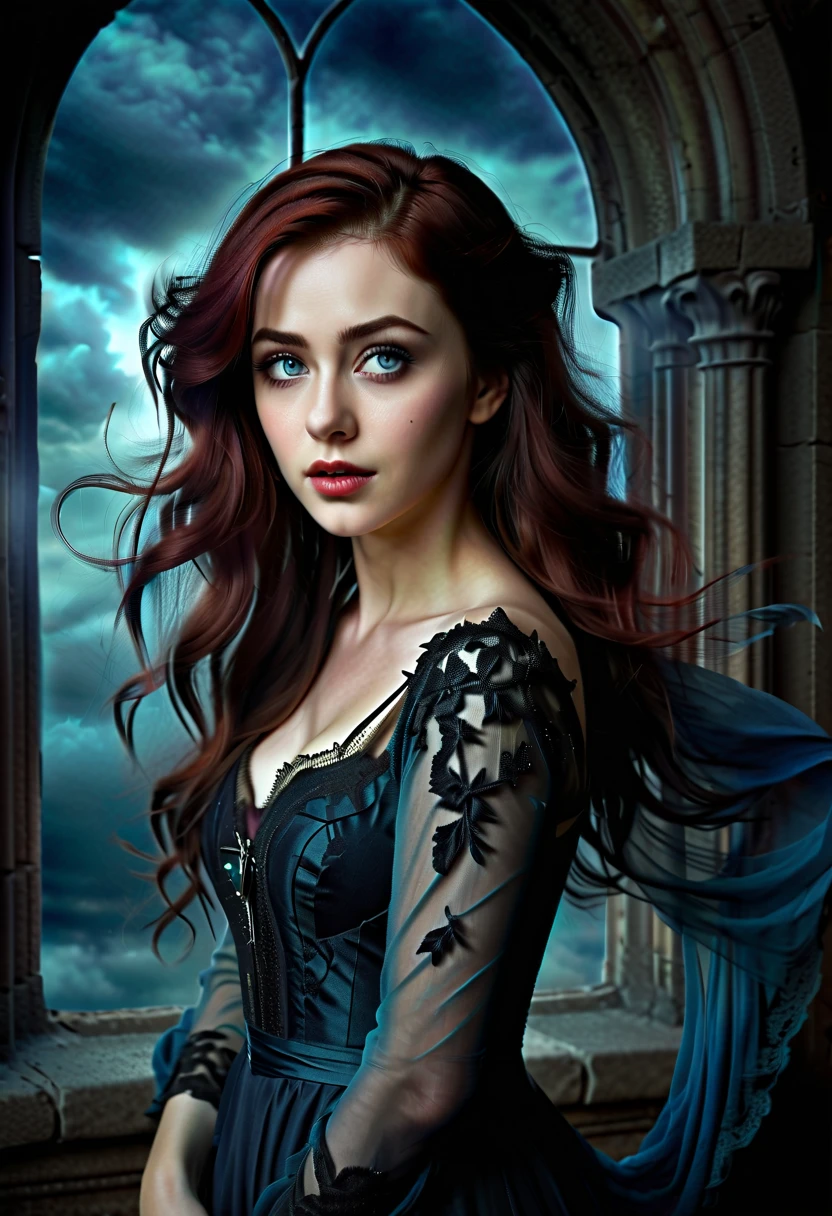 A young beautiful girl with delicate flawless skin, long curly red hair, blue eyes, wearing a blue Victorian dress with red accents and lace. the background is the interior of an old Gothic church in semi-darkness, the only light comes from the moon whose rays fall through the stained glass window, illuminating the girl's face. dust particles illuminated by the moon give a dark atmosphere, Gothic art, Baroque, Realism, depth of field, backlighting, highres, 16k, best quality, high quality, textured skin, Vampire Princess, 18years old, breathtakingly beautiful, (blue eyes high quality, masterpiece:1.2), ultra-detailed, (realistic, photo-realistic:1.37), softly glowing pale skin, pure blooded, porcelain-like complexion, elegant and refined features, graceful posture, dark and mysterious atmosphere, gothic fashion, flowing black lace dress, touch of red in her clothes, dainty silver jewelry with ruby accents, subtle yet captivating smile, slightly pointed canines, translucent wings resembling bat wings, subtle shimmering effect on her wings, gardens filled with blooming blood roses, vivid red petals contrasted with the darkness, enchanting moonlit night, dark and hauntingly beautiful castle in the background, splashes of moonlight illuminating her ethereal beauty, dark shadows and dramatic lighting, icy stare that freezes the hearts of those who dare to meet her gaze, air of authority and power, symbol of both danger and allure, night sky filled, photorealistic, Realism, Gothic art, Romanticism, cinematic lighting, 4k, 8k, highres, UHD