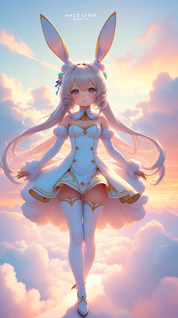 Bunny Morphing Girl, Fluffy, Soft ((best quality)), ((muste piece)), ( Write in extreme detail, Supreme Detail, official art, beauty and aesthetics: 1.2), Depth of bounds written, nice composition, whole body, (Little), (beautiful and detailed eyes: 1.3), (Very satisfied:1), Colorful clouds blurred background