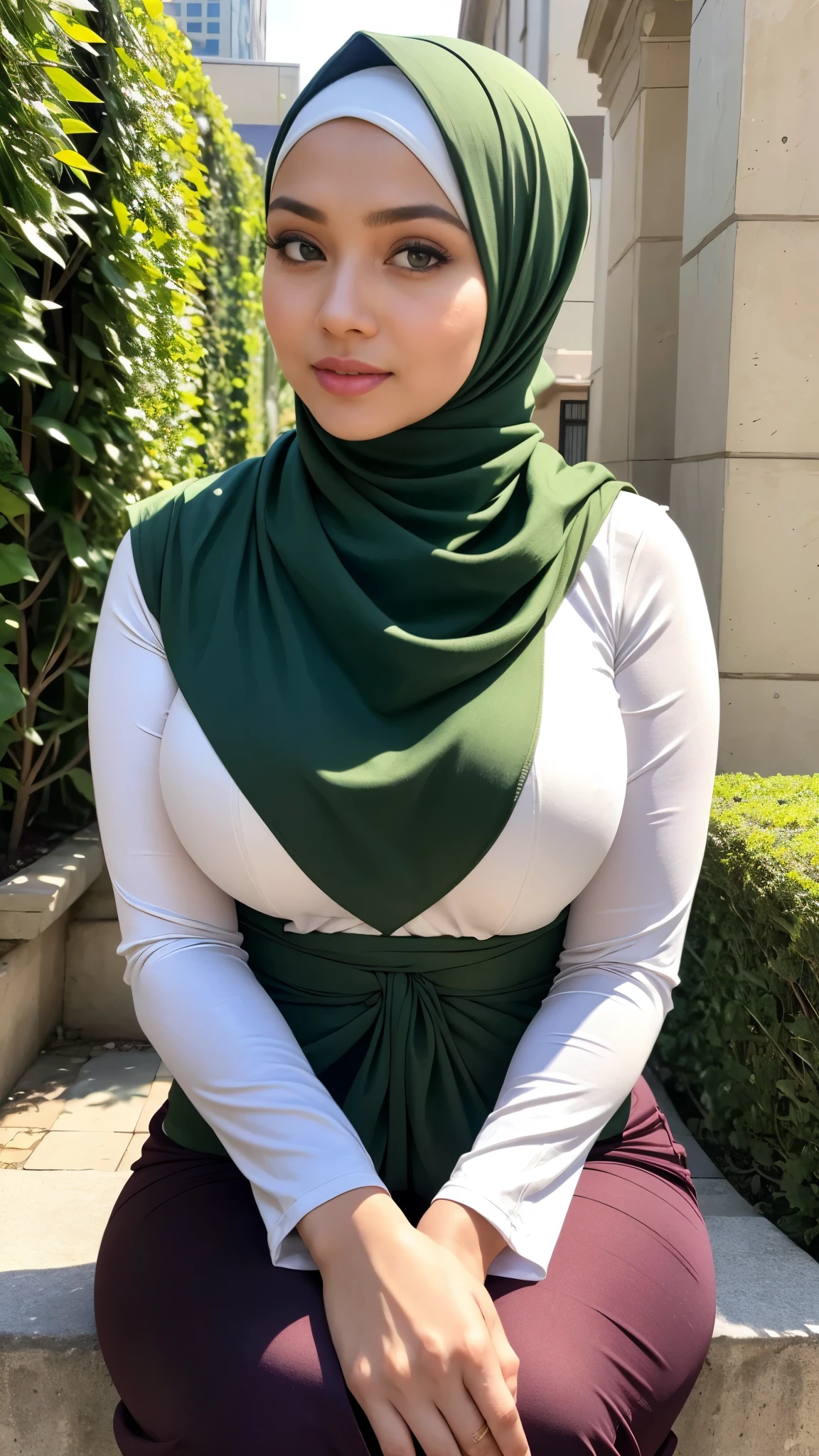 ( Close Up),RAW, Best quality, high resolution, masterpiece: 1.3), beautiful Malay woman in hijab,Masterpiece, perfect fit body, big breast,big gorgeous eyes, Soft smile,beutiful face,thick thighs, a woman sitting in a green dress and a green scarf, puff sleeves, hijab, cropped wide sleeve, motif, wearing a cute top, garis edelweiss, ivy vine leaf and flower top, detached sleeves, voluminous sleeves up, facial details, double eyelids,Delicate turtleneck) , shairband, afternoon walk, City garden, Excellent lighting, Bright colors, Clean lines,