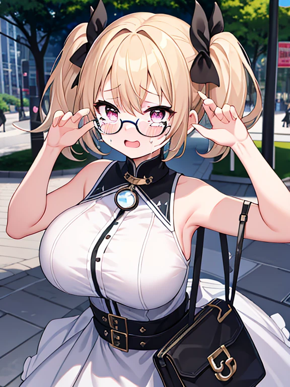 very detailed、masterpiece、high quality、one high school girl、、Loli、White d,black short hair, (pink eyes),(glasses), change,twin tails,sassy change,cheey change,girl,天才girl、(big breast):1.1,(blush):1.1、crying face,tears,Daytime park background