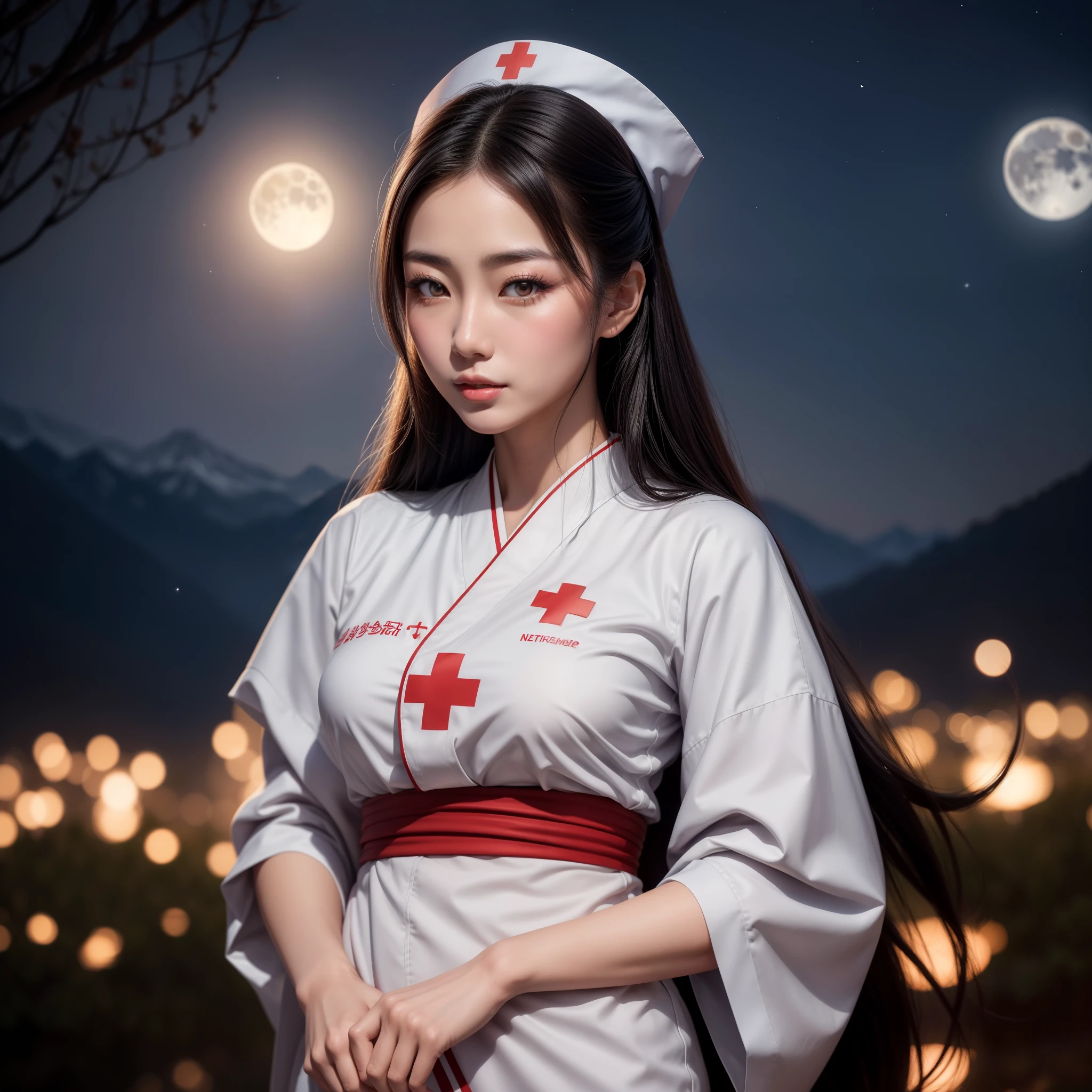 A beautiful Japanese nurse, with long black long hair, silky skin, beautiful eyes, beautiful lips, wearing a white kimono uniform, with a red cross adorned in the middle, wearing a nurse's hat, standing in a vast field of roses, and in the background mountains and pine trees, and above your head a night sky with scattered clouds and a moon shining white, hyperrealistic geisha nurse, photorealistic beautiful sexy nurse in the moonlight, a beautiful nurse under the moonlight with intricate details.