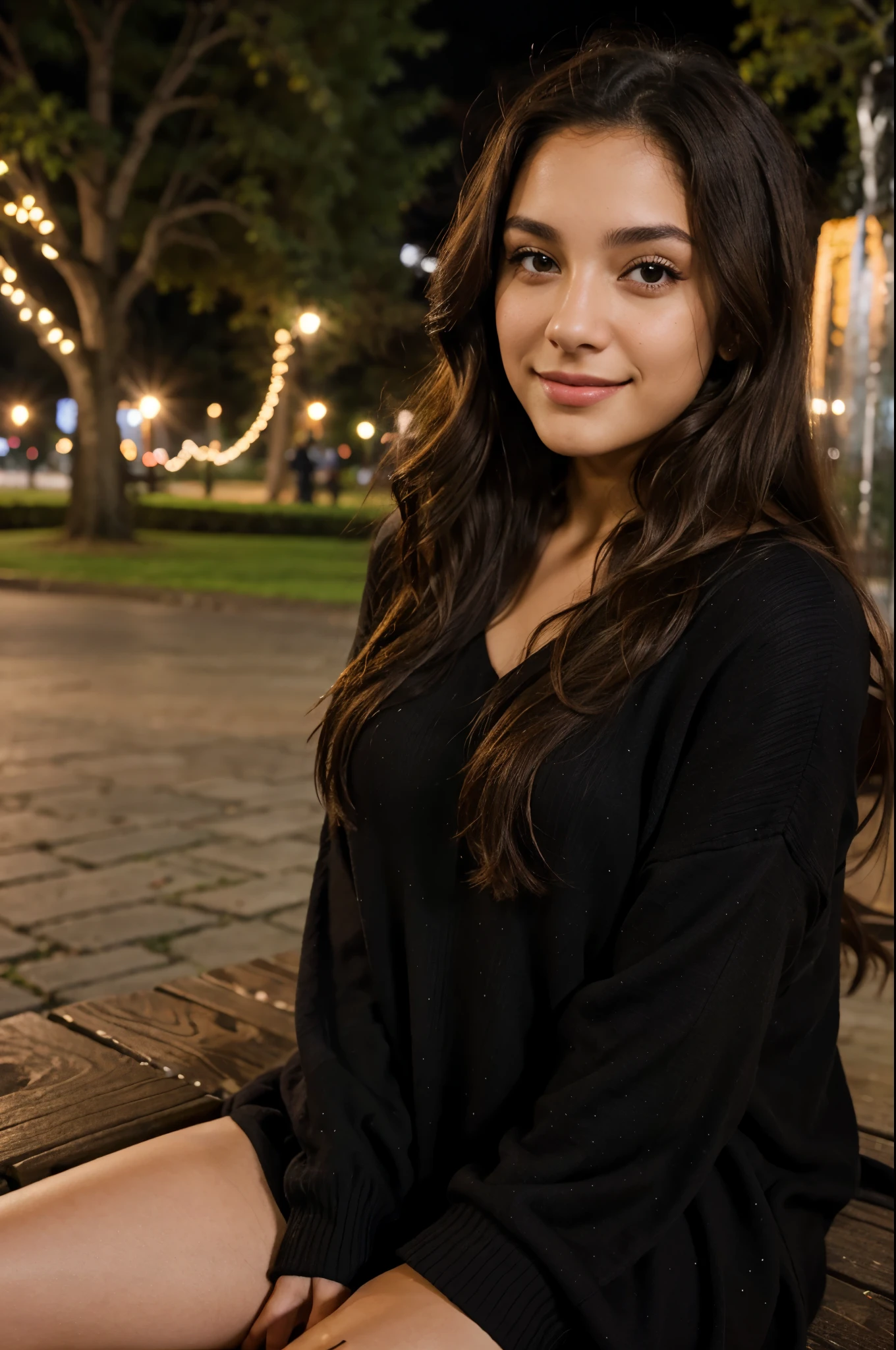 night shot of 22 year old Latina beautiful model, wearing black cozy outfit, sitting in a park, long curly brown hairs, hazel eyes, happy face, realistic photography