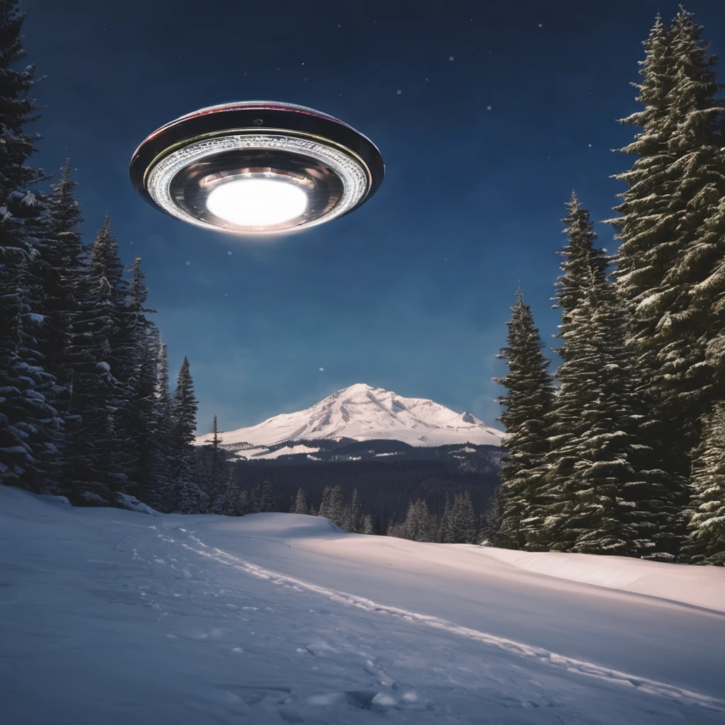 UFO mother ship, UFO above of the forest, mountain with snow on the top as background