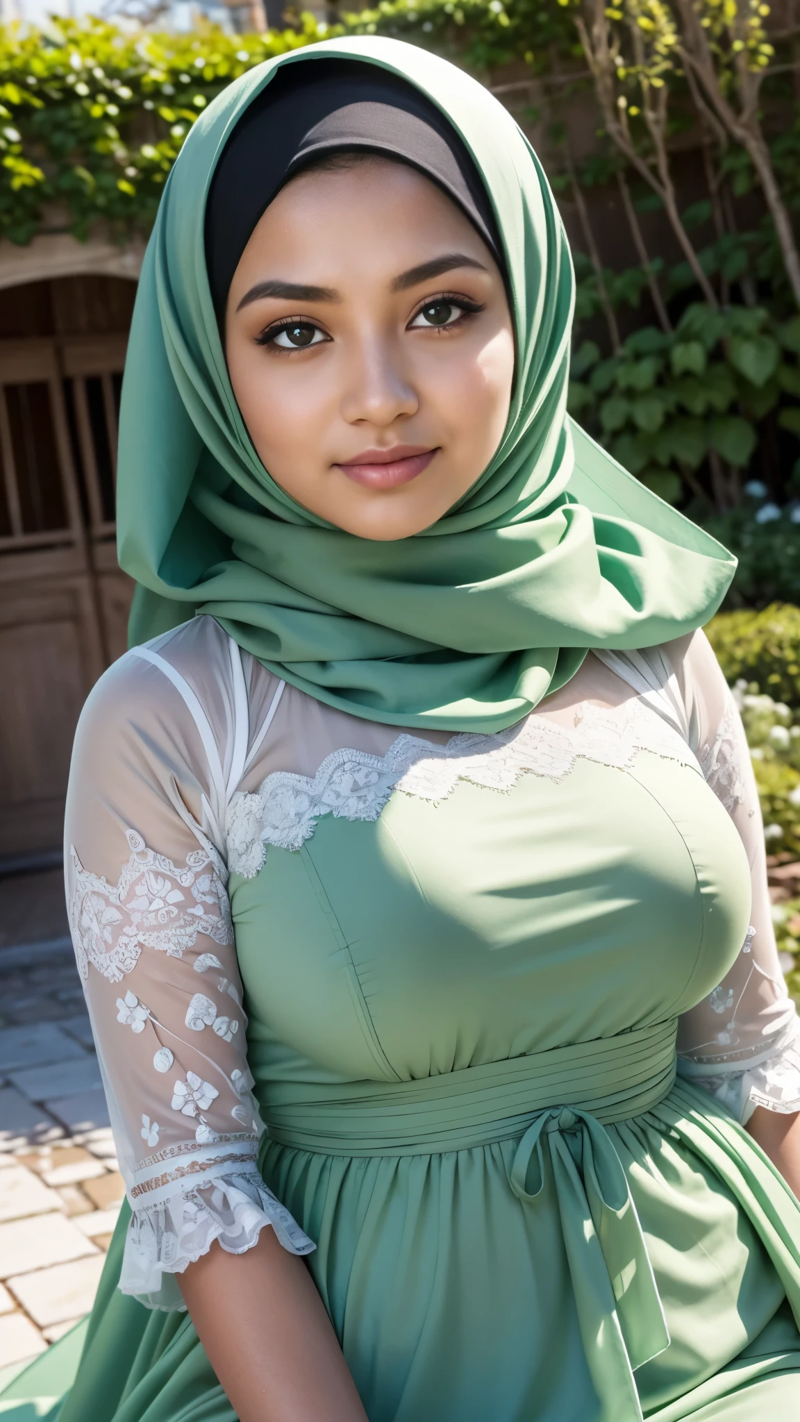 Smile (Indonesia Green Hijab),  naked in the bathroom, Wearing a police uniform, (Show Small Breasts)