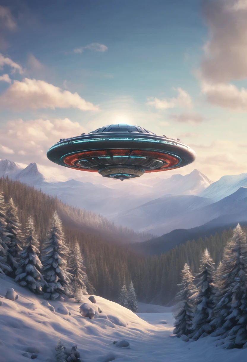 UFO mother ship, UFO above of the forest, mountain with snow on the top as background, 8K, Highly detailed, Trending on Artstation, master piece