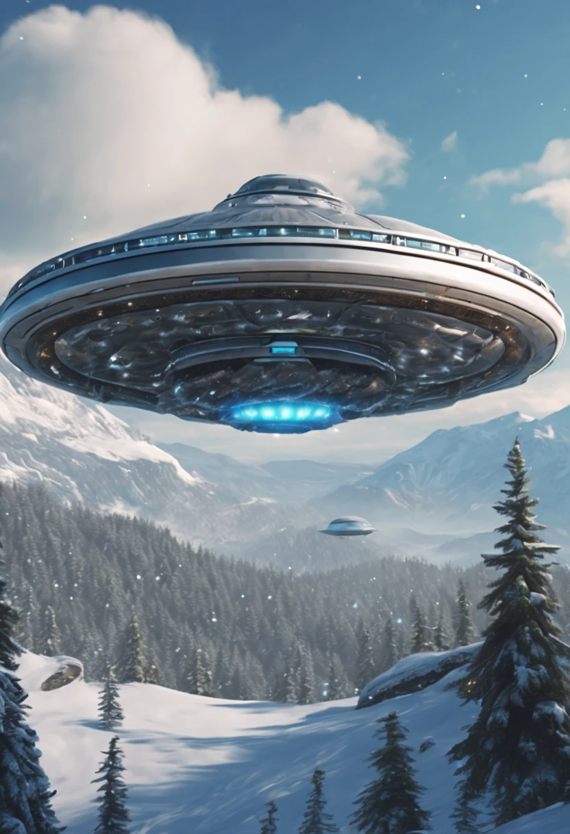 UFO mother ship, UFO above of the forest, mountain with snow on the top as background, 8K, Highly detailed, Trending on Artstation, master piece