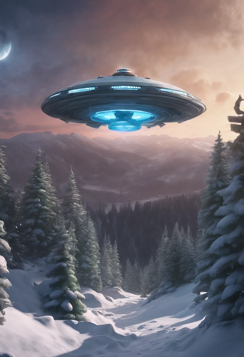 UFO mother ship, UFO above of the forest, mountain with snow on the top as background, 8K, Highly detailed, Trending on Artstation, master piece