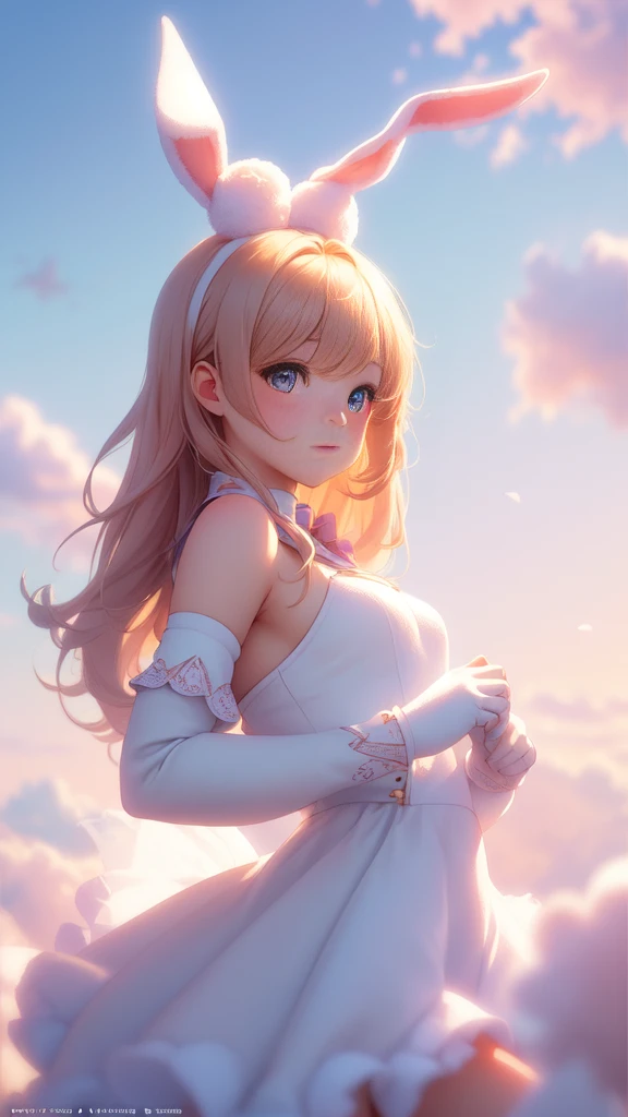 Bunny Morphing Girl, Fluffy, Soft ((best quality)), ((muste piece)), ( Write in extreme detail, Supreme Detail, official art, beauty and aesthetics: 1.2), Depth of bounds written, nice composition, whole body, (Little), (beautiful and detailed eyes: 1.3), (Very satisfied:1), Colorful clouds blurred background