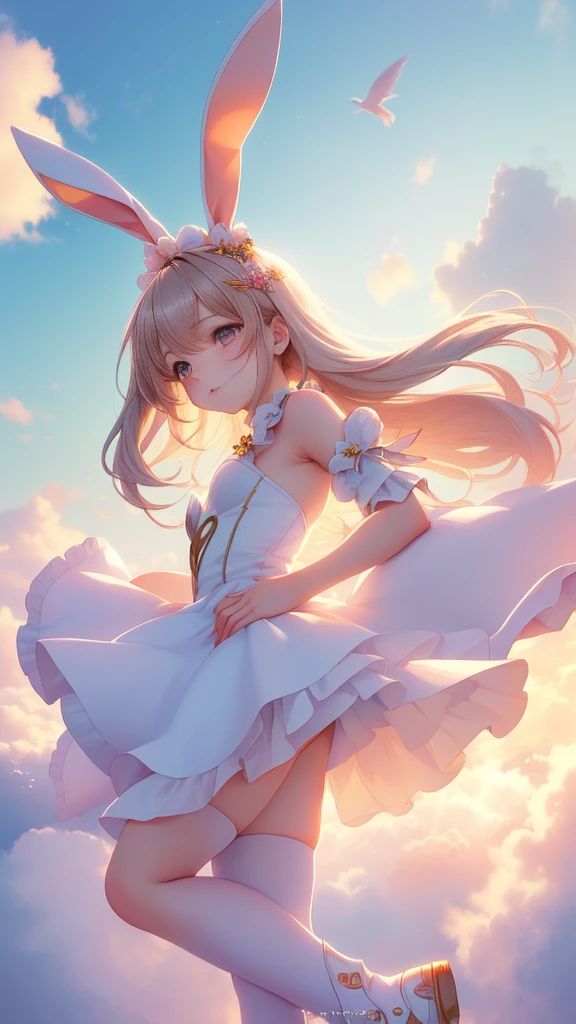 Bunny Morphing Girl, Fluffy, Soft ((best quality)), ((muste piece)), ( Write in extreme detail, Supreme Detail, official art, beauty and aesthetics: 1.2), Depth of bounds written, nice composition, whole body, (Little), (beautiful and detailed eyes: 1.3), (Very satisfied:1), Colorful clouds blurred background