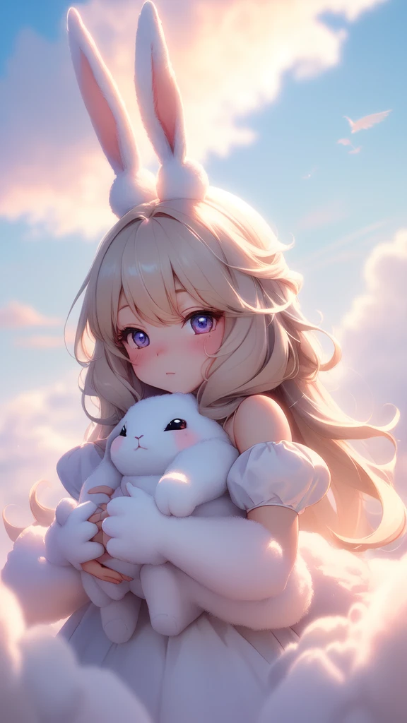 Bunny Morphing Girl, Fluffy, Soft ((best quality)), ((muste piece)), ( Write in extreme detail, Supreme Detail, official art, beauty and aesthetics: 1.2), Depth of bounds written, nice composition, whole body, (Little), (beautiful and detailed eyes: 1.3), (Very satisfied:1), Colorful clouds blurred background