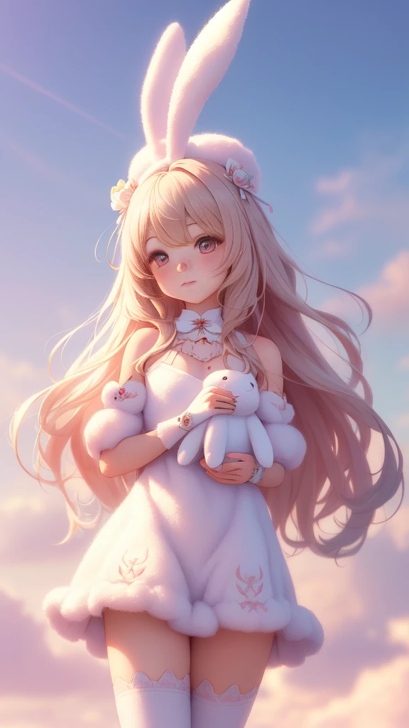 Bunny Morphing Girl, Fluffy, Soft ((best quality)), ((muste piece)), ( Write in extreme detail, Supreme Detail, official art, beauty and aesthetics: 1.2), Depth of bounds written, nice composition, whole body, (Little), (beautiful and detailed eyes: 1.3), (Very satisfied:1), Colorful clouds blurred background