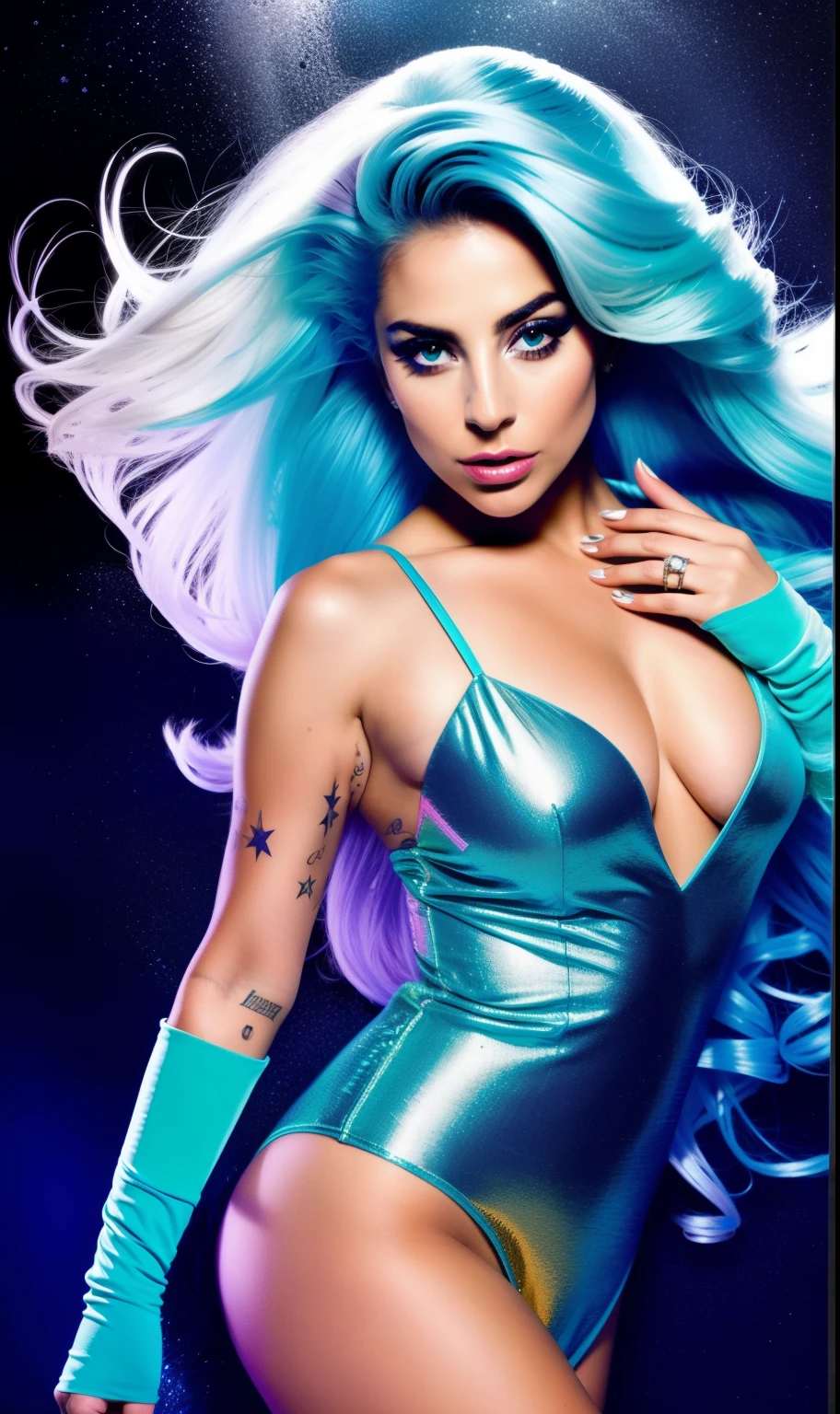 Lady GaGa vestido con estampado de agua,extravagante,textura 4K, cabello largo y de colores, calidad alta, cuerpo completo,varias poses corporales,peinado extravagante, Original album cover, imagen 8k, futurista, alta calidad de imagen, en la noche, accesorios en el cabello, imagen 8k, rostro realista en alta calidad, cuerpo completo, diferentes poses corporales, alta calidad en el rostro, rasgos definidos,HD, rostro realista y definido 4k, dramatic poses