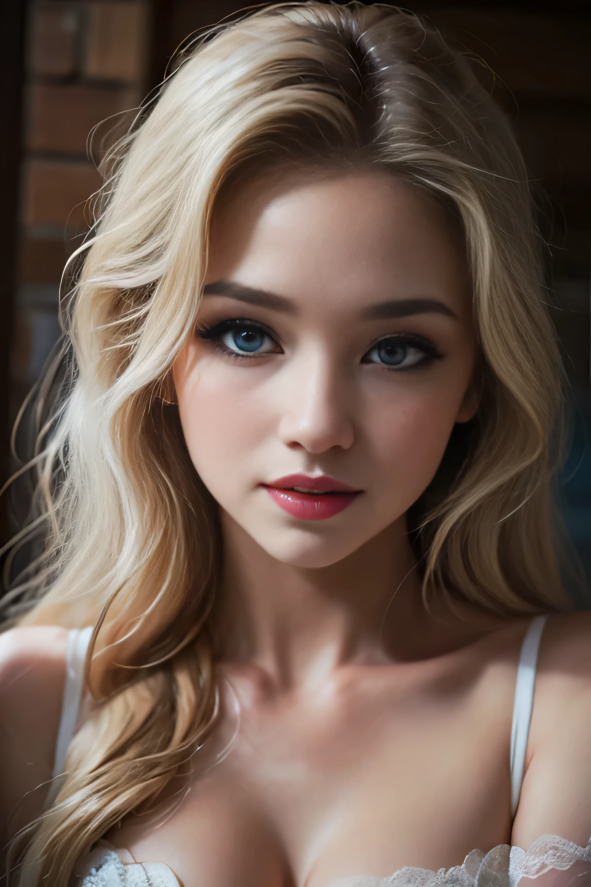 highest quality、High resolution、Super detailed、masterpiece、Live shooting:2、real:2、photorealistic:2、very delicate and beautiful、fine details、textured skin、beautiful caucasian、solo、Super beautiful, Makeup, Ecstatic expression, lecherous expression, temptation expression, Flowing layered white shiny blonde hair, Glowing big blue eyes, Seductive moist pink lips, perfect proportions, (close up of face:1.1)