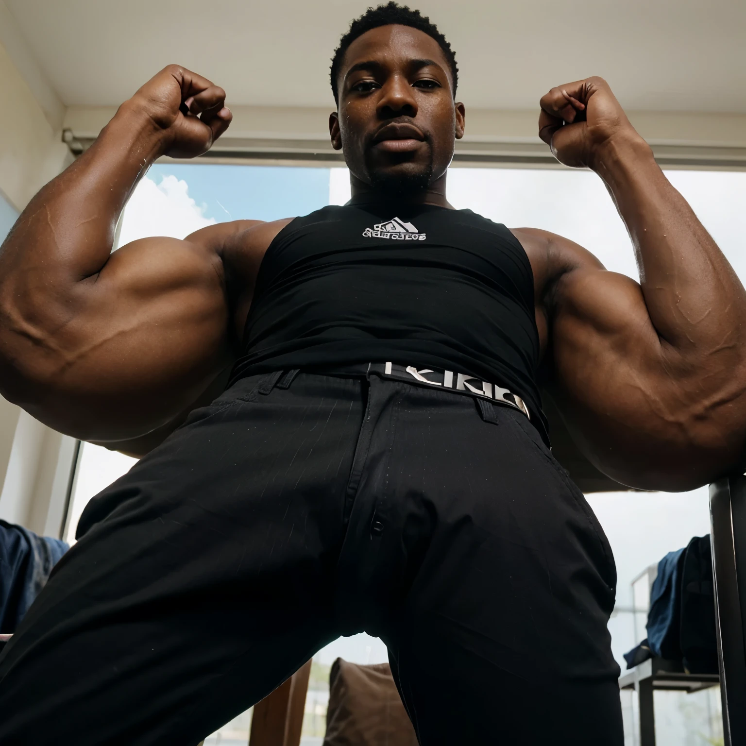 Muscular African black man with huge cock marked in his pants with wet shirt