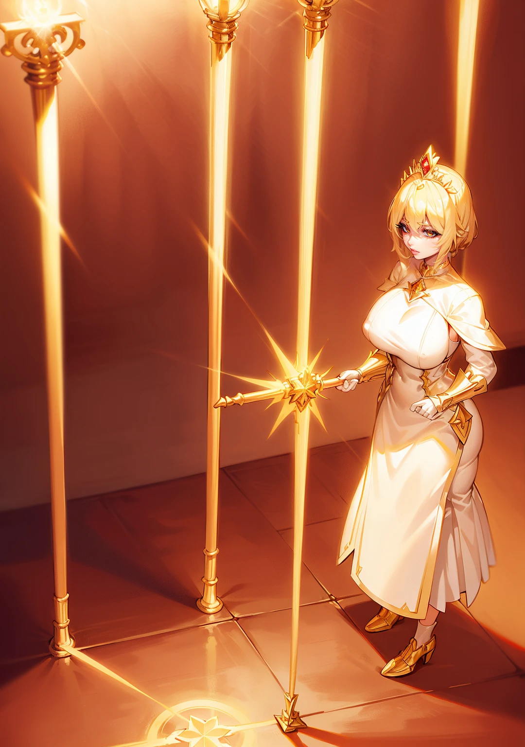 blonde mage, short blonde hair, white and gold dress, golden tiara with red gem, holding a staff of light, light magic, background of highly lit hall with sun coming in from above like a divine light.