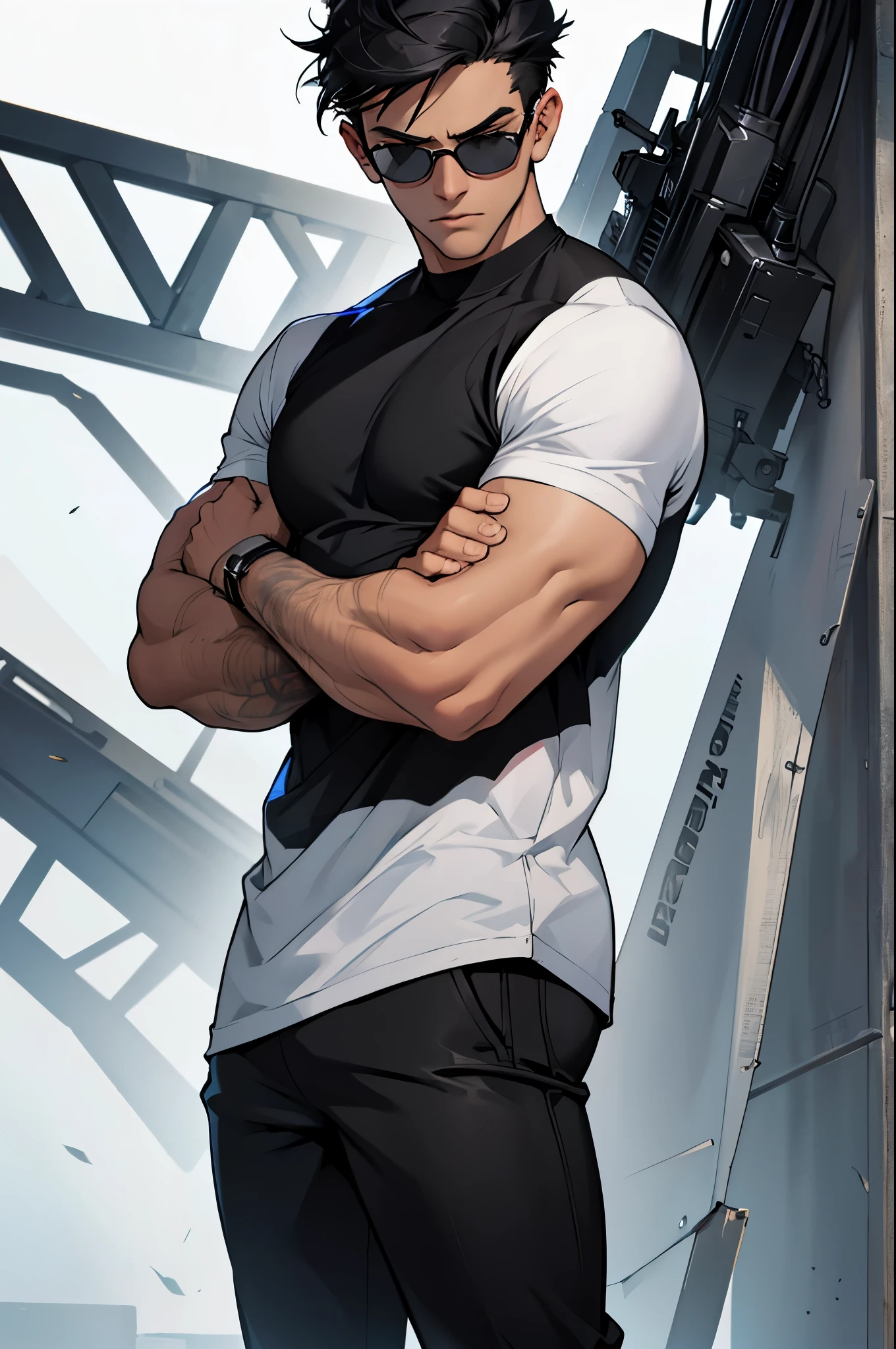 Character, described by you, is a young guy with a serious face, which gives him confidence and determination. He has black hair, short boyish hairstyle and a strong triangle-shaped chin. He always wears stylish black sunglasses, which give it mystery and some intrigue. Our character&#39;s clothes consist of black pants and a black T-shirt. He always looks fashionable and stylish. Generally, the image of this character looks very impressive and mysterious. full length.