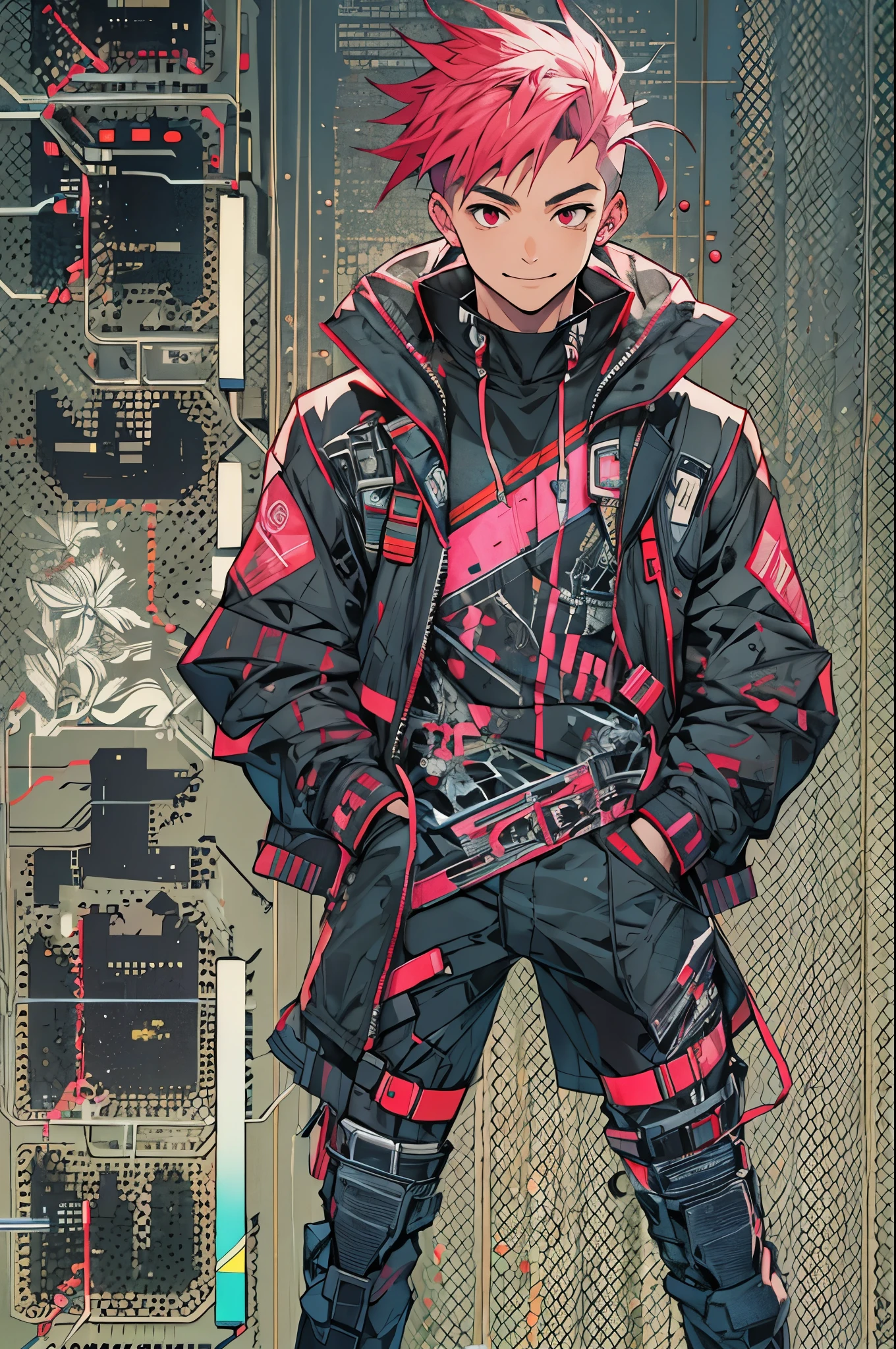 masterpiece, highest quality, movie stills, 1 boy, alone, male focus, looking at the viewer,above the waist, Depth of bounds written ,cyber punk, pink hair,(disconnected undercut 1.2), Red eyes, smile, red jacket ,no background