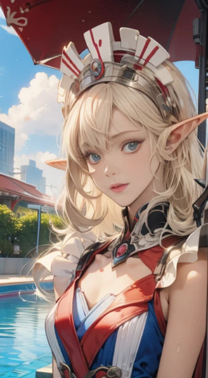 elf portrait, vibrant background, ((1 girl)), full nude, Very detailed figure of an a beautiful Extremely cute elf race face with ((short white blonde hair)), asymmetrical bangs, Insanely detailed faces and eyes, perfect lips, ((perfect body)), ((Medium chest)), maid style headdress, Poolside, fantasy, Cartoon style vector, anime, manga, (cel shading) Flat coloring, dramatic, cinematic lighting, detailed expression, small details, fantasy art, figure, masterpiece, digital art, drawing, digital art, In the style of Yusuke Murata.