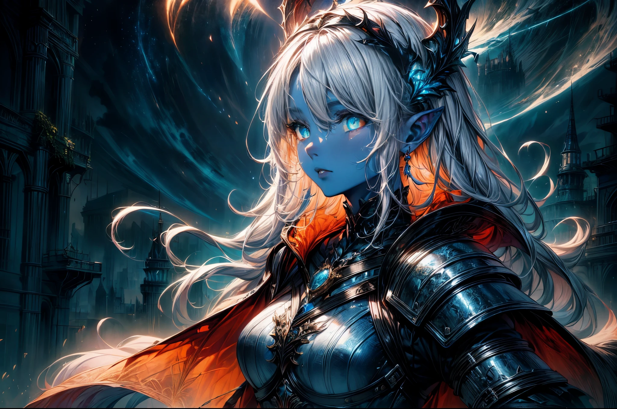 fantasy art, dnd art, RPG art, wide shot, (masterpiece: 1.4) portrait, intense details, highly detailed, photorealistic, best quality, highres, portrait a vedalken female (fantasy art, Masterpiece, best quality: 1.3) ((blue skin: 1.5)), intense details facial details, exquisite beauty, (fantasy art, Masterpiece, best quality) cleric, (blue colored skin: 1.5) 1person blue_skin, blue skinned female, (white hair: 1.3), long hair, intense green eye, ((no ears: 1.6)), fantasy art, Masterpiece, best quality) armed a fiery sword red fire, wearing heavy (white: 1.3) half plate mail armor, wearing high heeled laced boots, wearing an(orange :1.3) cloak, wearing glowing holy symbol GlowingRunes_pink, within fantasy temple background, reflection light, high details, best quality, 16k, [ultra detailed], masterpiece, best quality, (extremely detailed), close up, ultra wide shot, photorealistic, RAW, fantasy art, dnd art, fantasy art, realistic art,((best quality)), ((masterpiece)), (detailed), perfect face