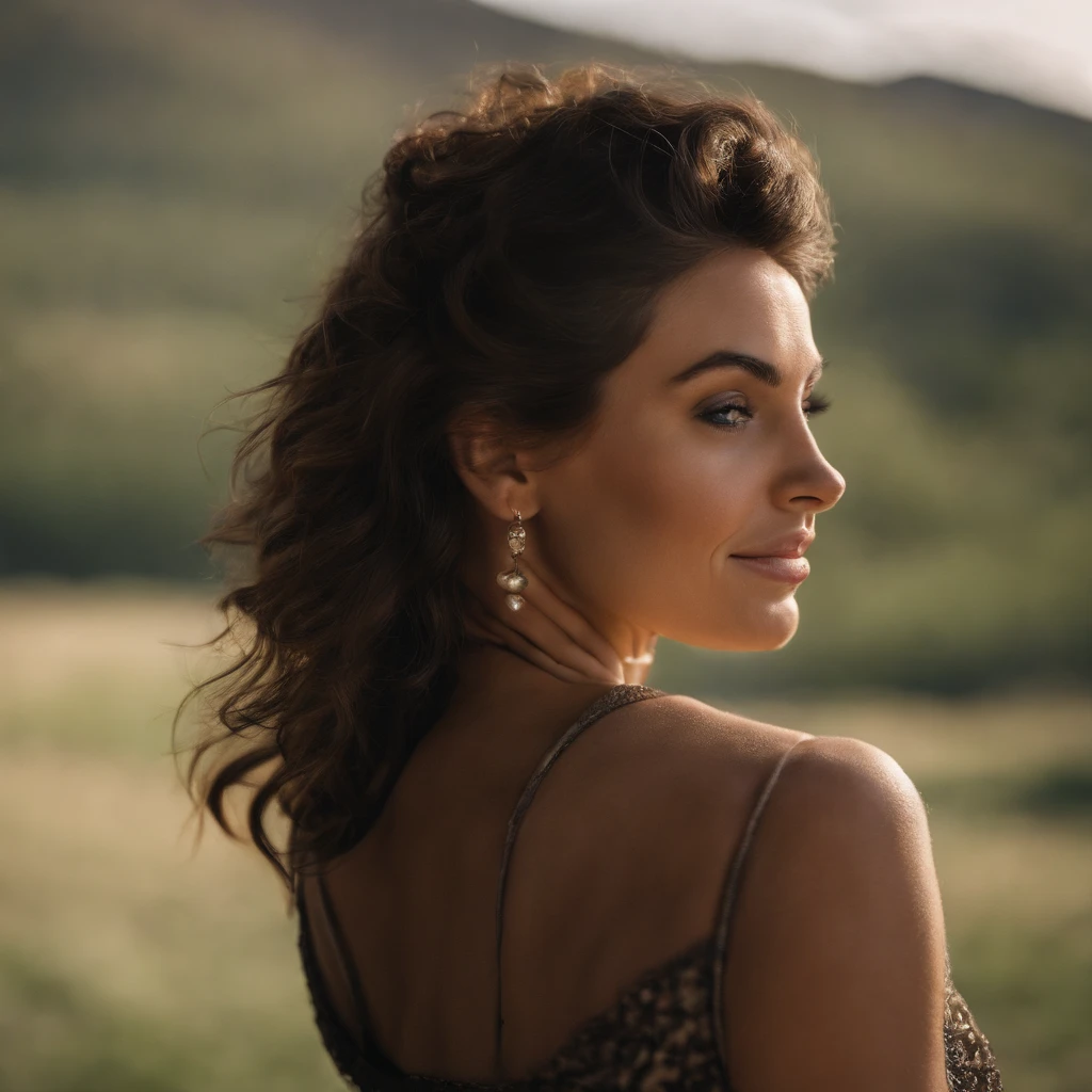 Realistic portrait of a 25-year-old brunette woman with short, shoulder-length, brown, wavy hair. wearing a black dress, high resolution images, irreverent collage, luminescent color scheme, iconic photo, vivid couture portrait, shot in Sony 9. lens 75mm, photorealistic lighting, thin face, skinny, long face shape, Narrowed and clever eyes brown, huge nose like Amy Winehouse, huge mouth like Cameron Diaz in a smile, Half-profile view, half-body flat, backlit in his hair