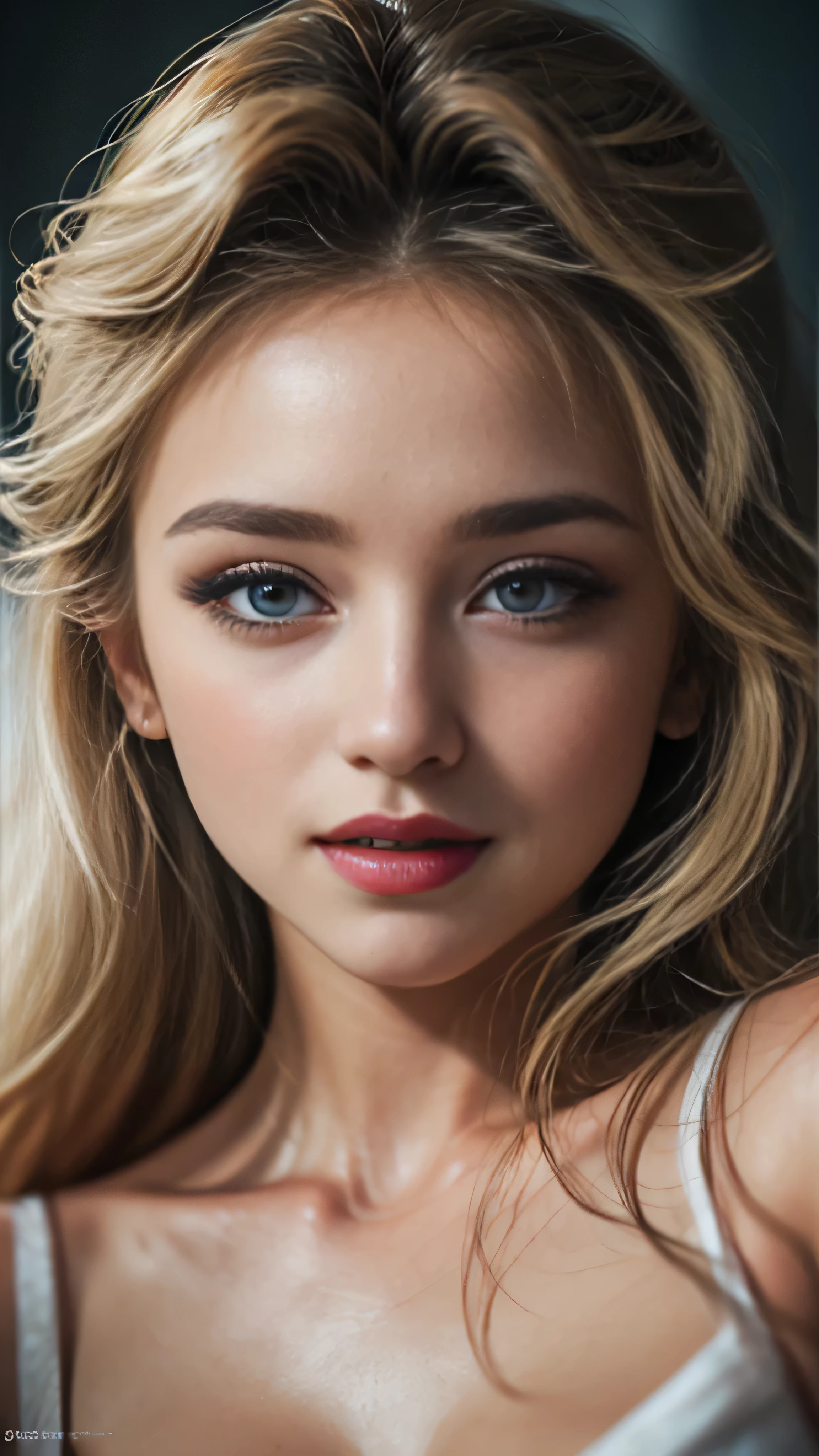 highest quality、High resolution、Super detailed、masterpiece、Live shooting:2、real:2、photorealistic:2、very delicate and beautiful、fine details、textured skin、beautiful caucasian、solo、Super beautiful, Makeup, Ecstatic expression, lecherous expression, temptation expression, Flowing layered white shiny blonde hair, Glowing big blue eyes, Seductive moist pink lips, perfect proportions, (close up of face:1.3)