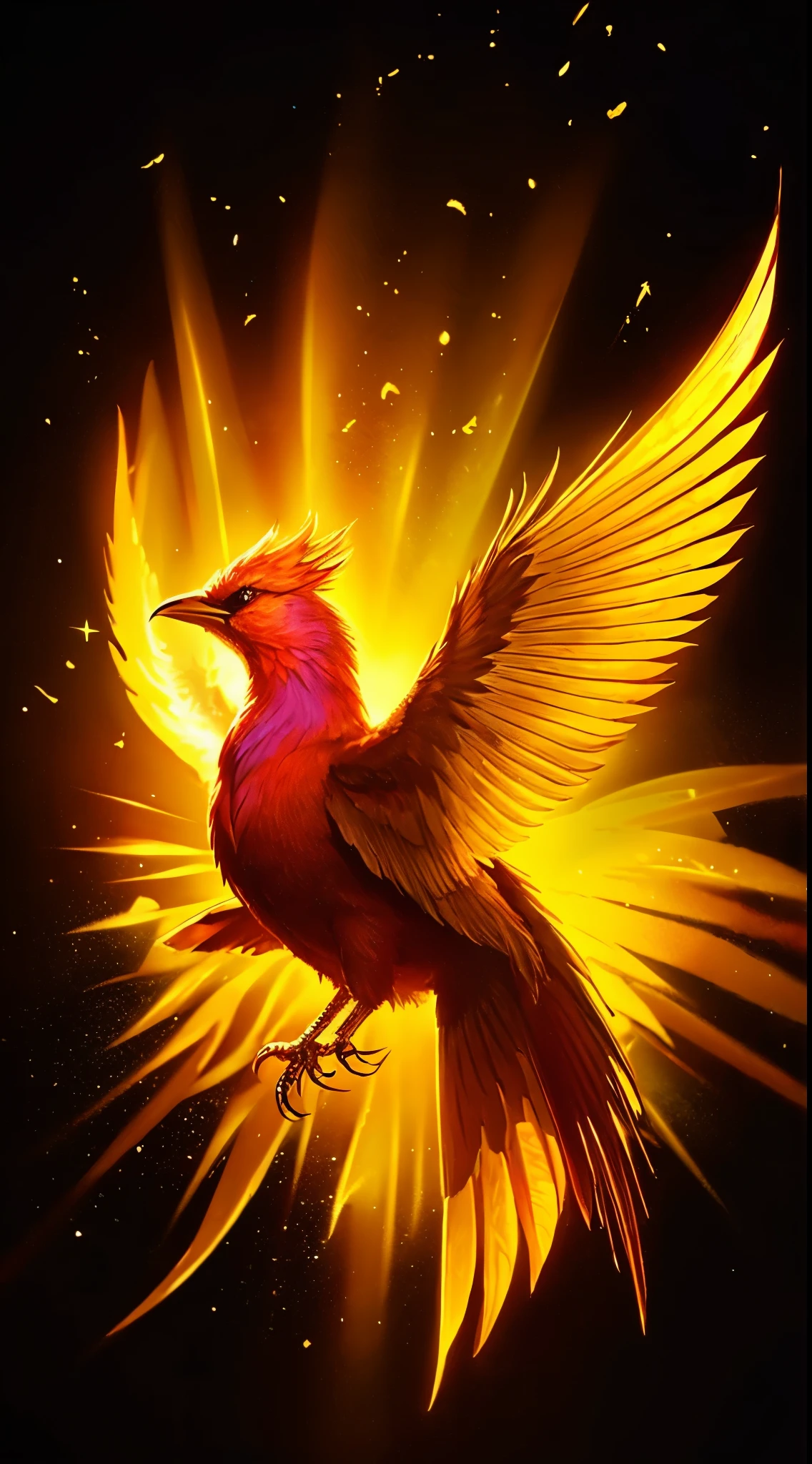 firebird. facing forward. flapping its wings.
gold. golden background. the halo is shining.
Sunlight is streaming down on the ground, and the whole area is shining.