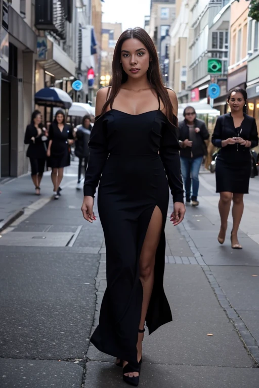 ((best quality)), ((masterpiece)), (detailed), perfect face realistic photo of beautiful woman with long dark brown hair, Russian, influencer, light freckles, dark brown eyes, big lips, no makeup, instagram, in a black dress walking down a street, a picture, tumblr, long luxurious gown, épaule devant pose, 💣 💥💣 💥, dark blue, asymmetric, long dress female, myself, taken in 2022, black