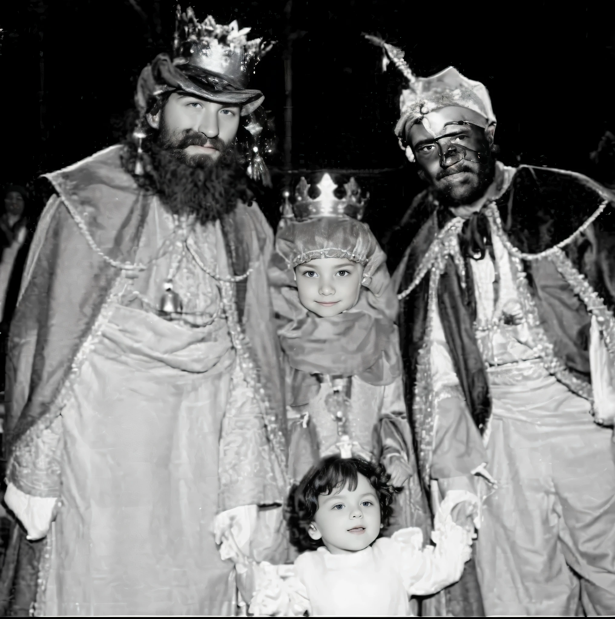 Three men dressed as Three Wise Men and a girl in a low resolution black and white image